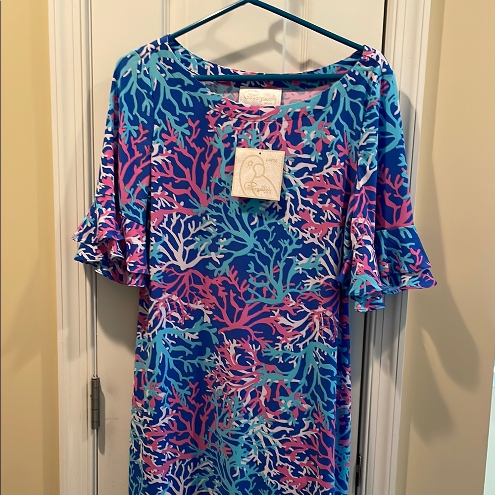 Cappagallo Medium Blue, Pink and White Coral Print Dress
